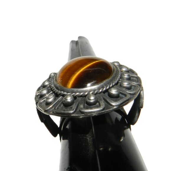 Vintage Taxco Mexico 925 Sterling Silver Tiger Eye Oval Ring Size 6.5 Rare!! - Picture 12 of 14